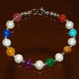 Pearl Bracelet,Gemstone Bracelet,Freshwater Pearls and Gemstone 8mm Beads,Pretty